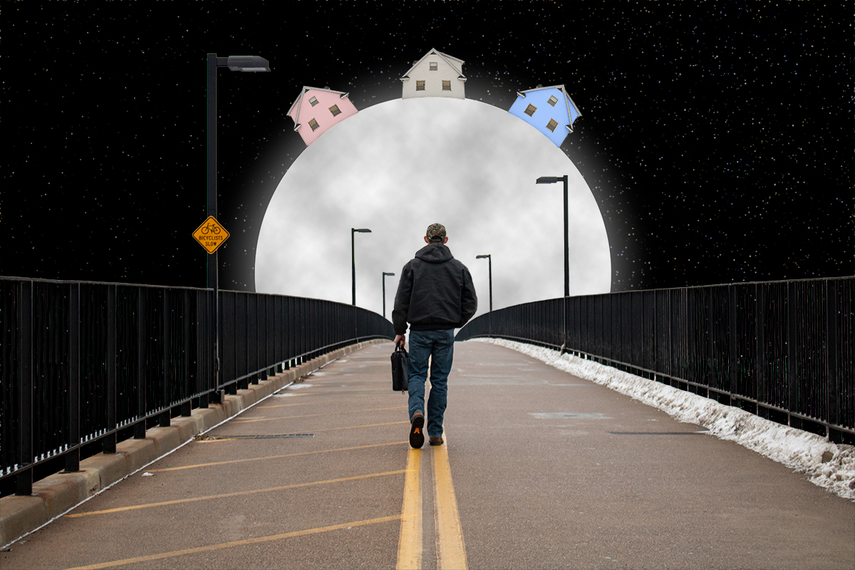 Photoshopped image of a man walking towards a giant moon with houses on it